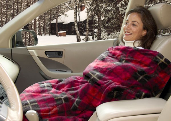 Red plaid blanket in action